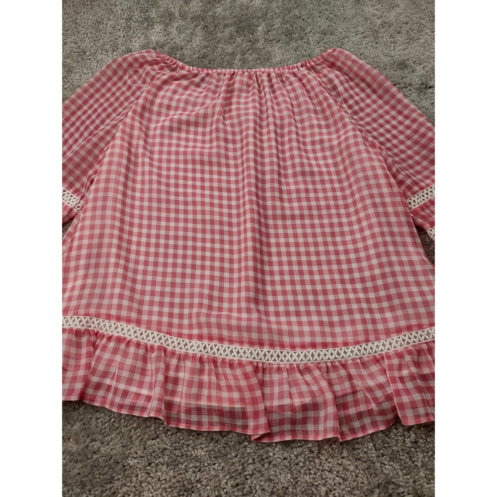 JOHN PAUL RICHARD WOMENS PINK PLAID LAYERD BELL SLEEVE RUFFLE BOTTOM TOP MEDIUM - Picture 7 of 10